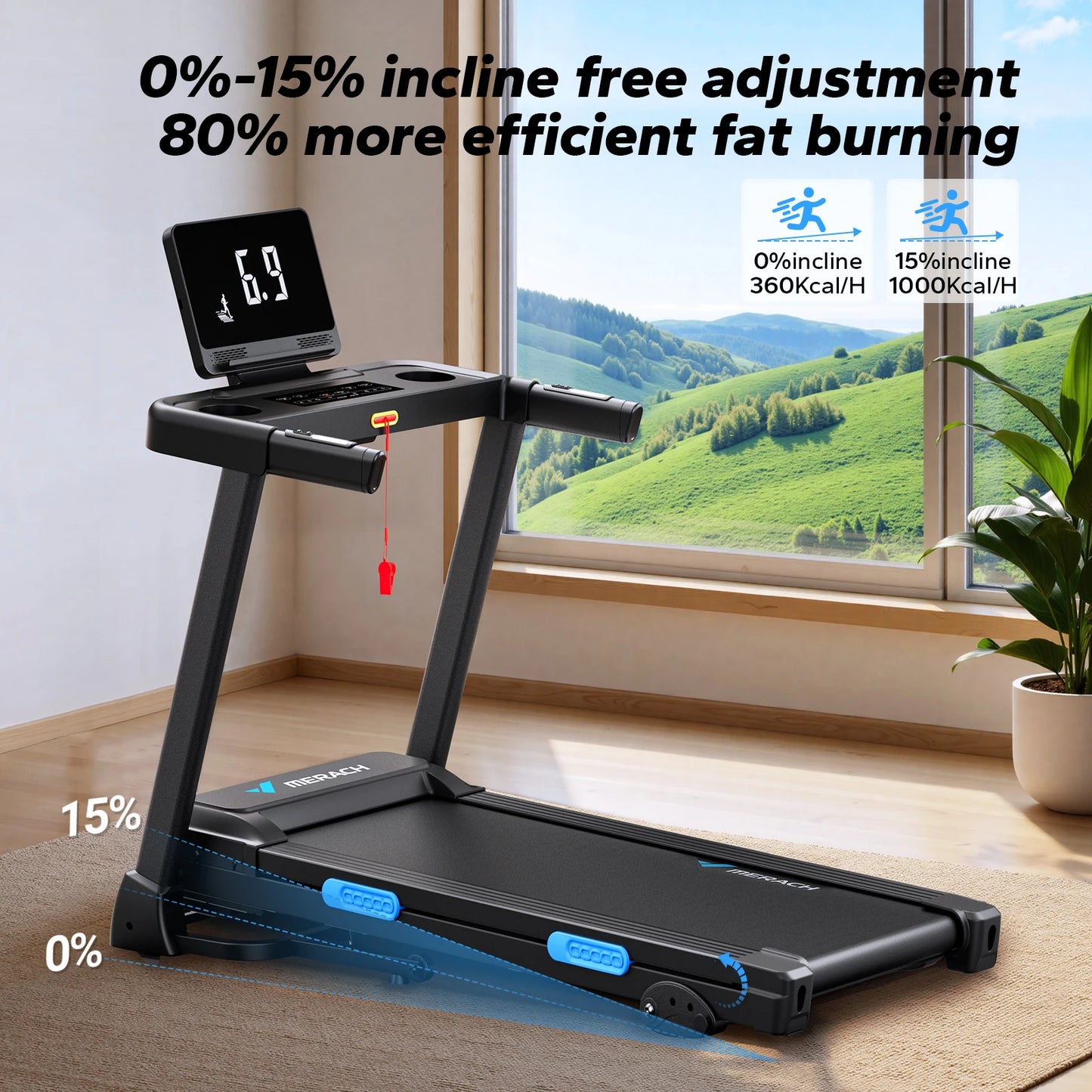 MERACH Foldable Treadmill T12 Incline Quiet Operation Heart Rate Monitoring