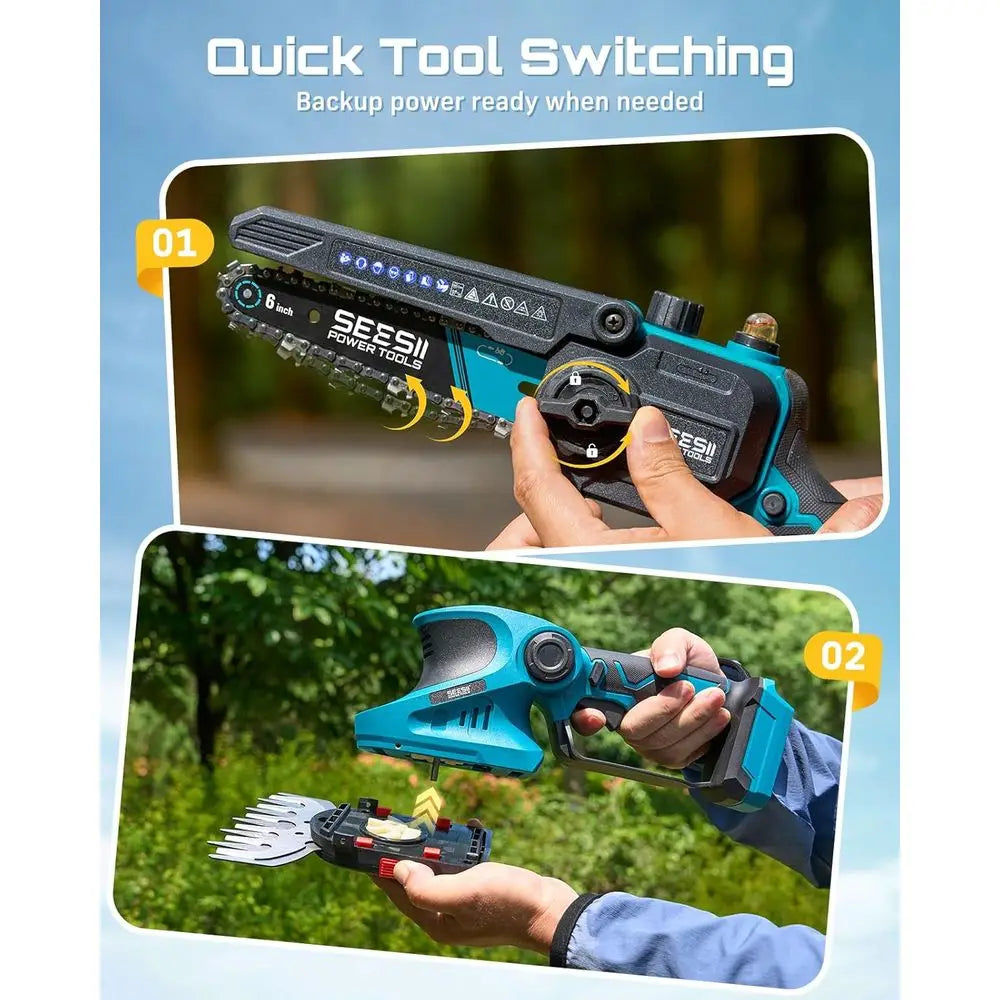 4-in-1 Electric Garden Tool Cordless Chainsaw Hedge Trimmer Pruner Dual 4000mAh