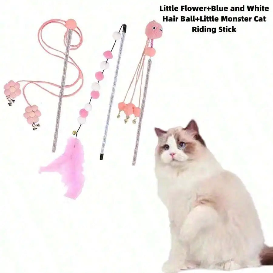 Cat Teaser Wand Toy Set With Flower Tassels and Feather