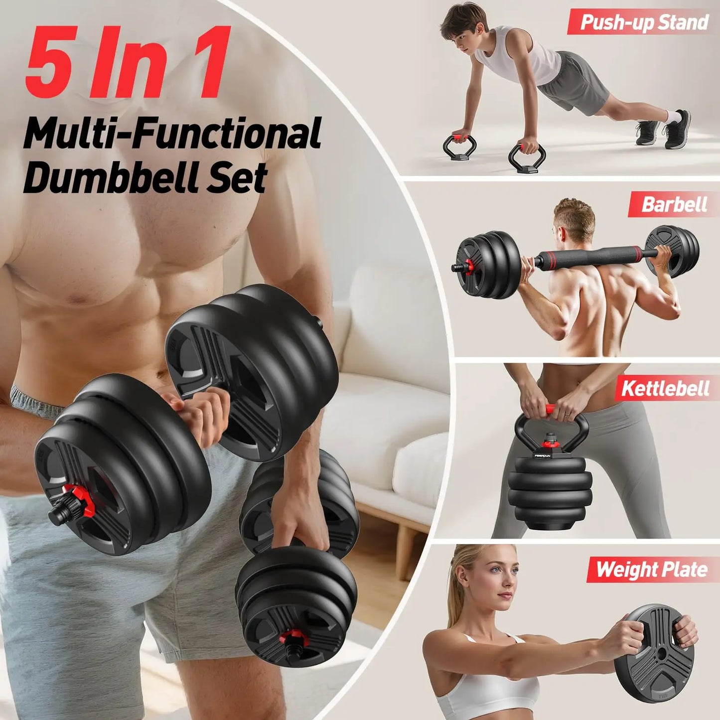 FED Fitness 5-in-1 Adjustable Dumbbell Set Barbell Kettlebell Push Up