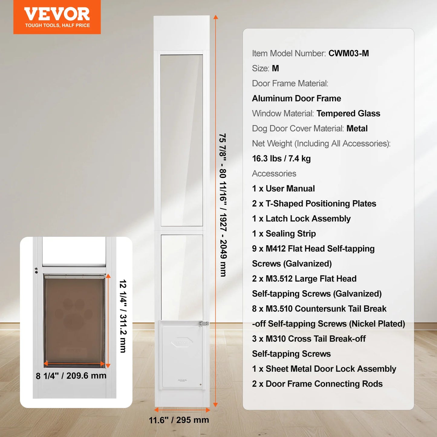 Sliding Glass Dog Door With Adjustable Height Tempered Glass Aluminum Frame