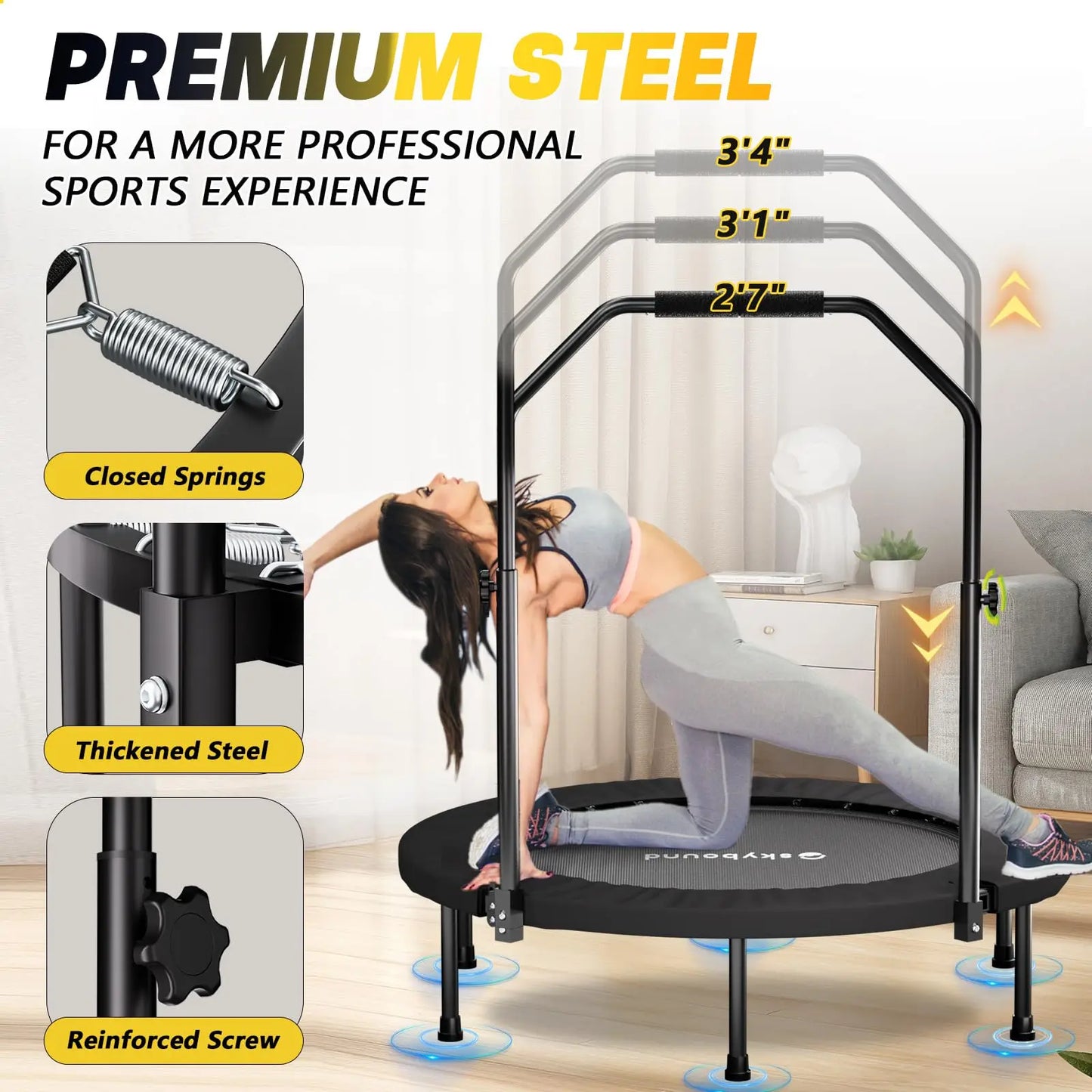 NONE Foldable Rebounder Trampoline for Adults with Adjustable U-Bar
