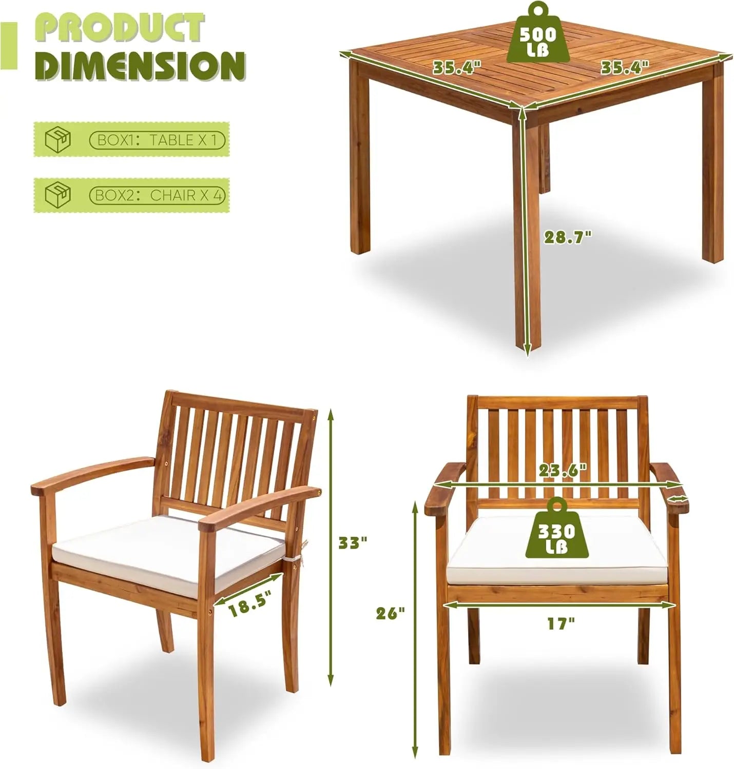 5 Piece Outdoor Dining Set Acacia Wood Patio Table And Chairs