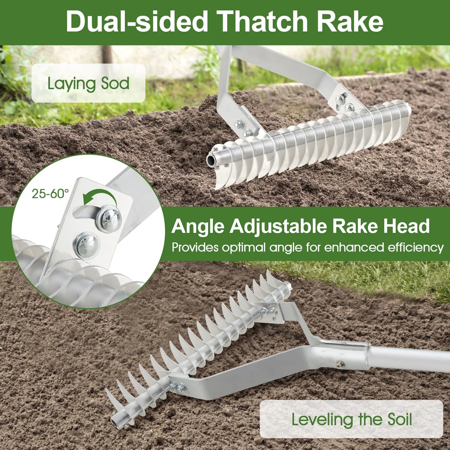 LIFEZEAL Garden Thatch Rake With 19 Curved Tines And Adjustable Head