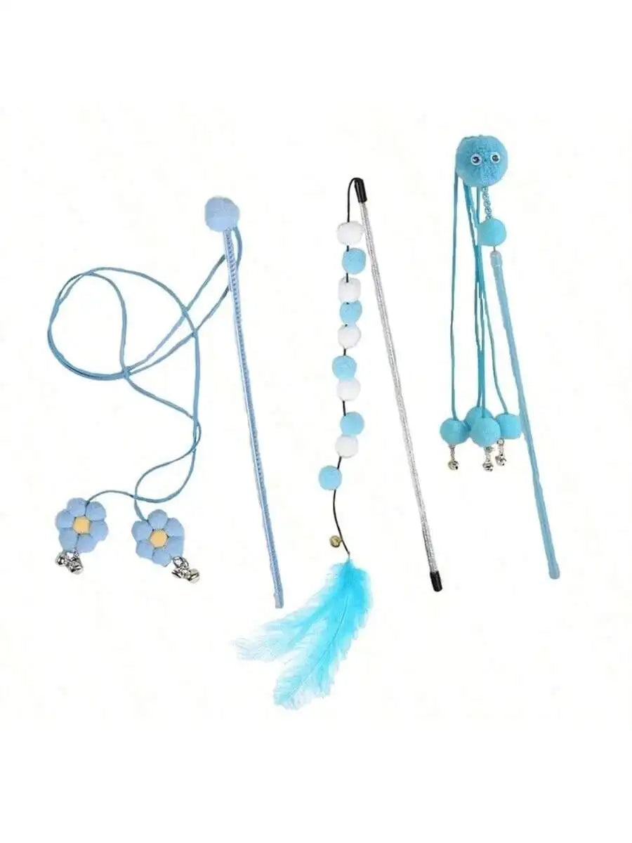 Cat Teaser Wand Toy Set With Flower Tassels and Feather