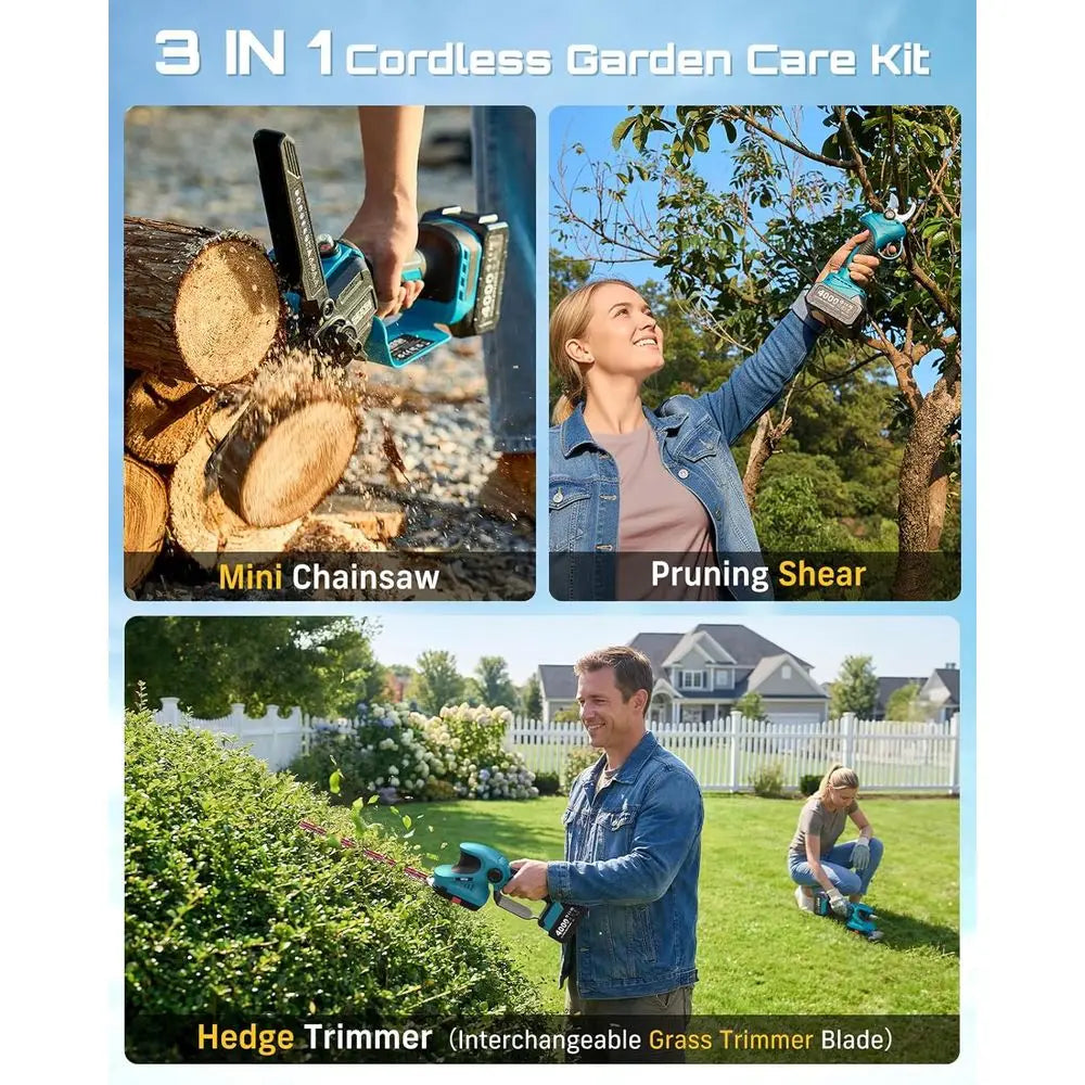 4-in-1 Electric Garden Tool Cordless Chainsaw Hedge Trimmer Pruner Dual 4000mAh