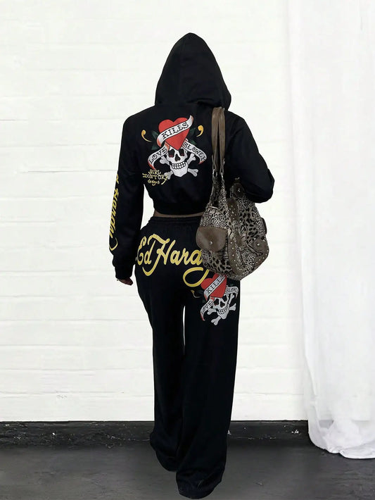 Ed Hardy Skull And Heart Print Cropped Hoodie Set Ensemble