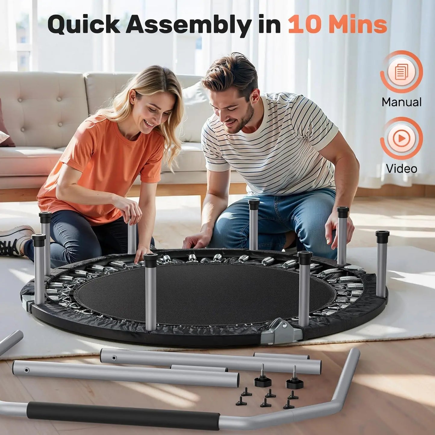 Foldable Mini Trampoline With Adjustable Foam Handle, 440 Lb Capacity