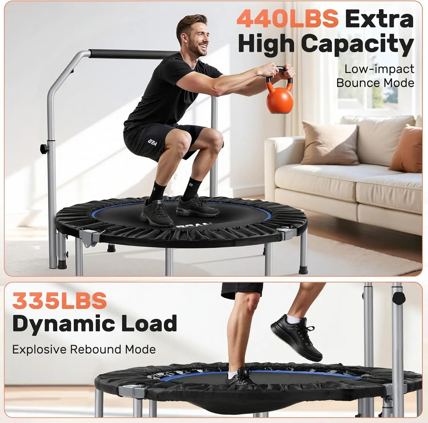 Foldable Mini Trampoline With Adjustable Foam Handle, 440 Lb Capacity