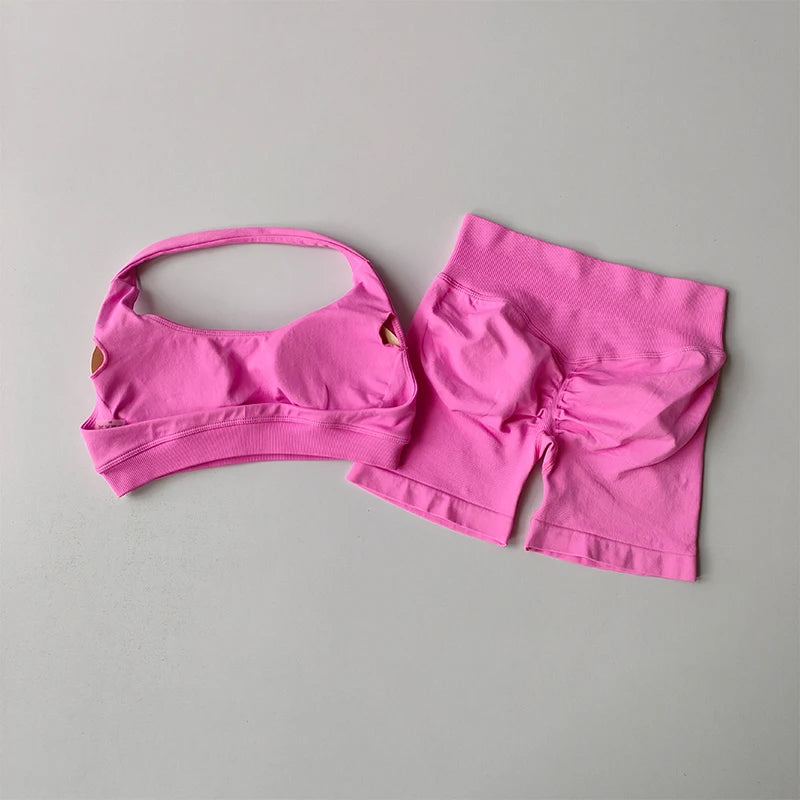 NONECN Seamless Yoga Sports Bra and Shorts Set for Women