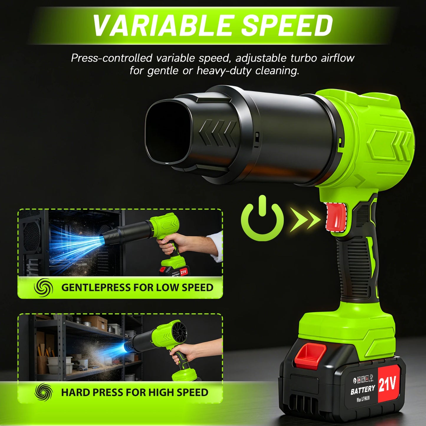 Cordless Leaf Blower Turbo Powerful 950000RPM Variable Speed 21V
