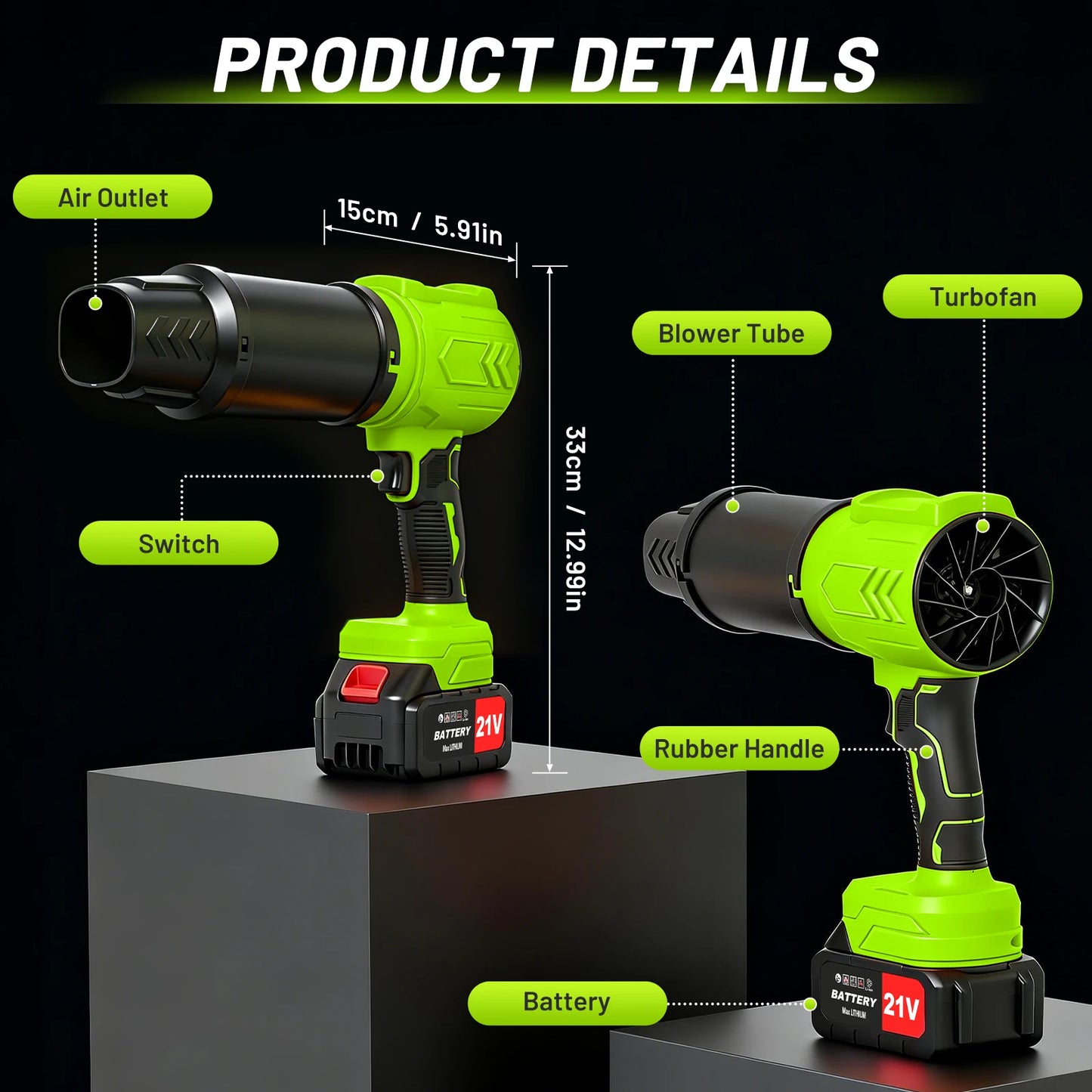 Cordless Leaf Blower Turbo Powerful 950000RPM Variable Speed 21V