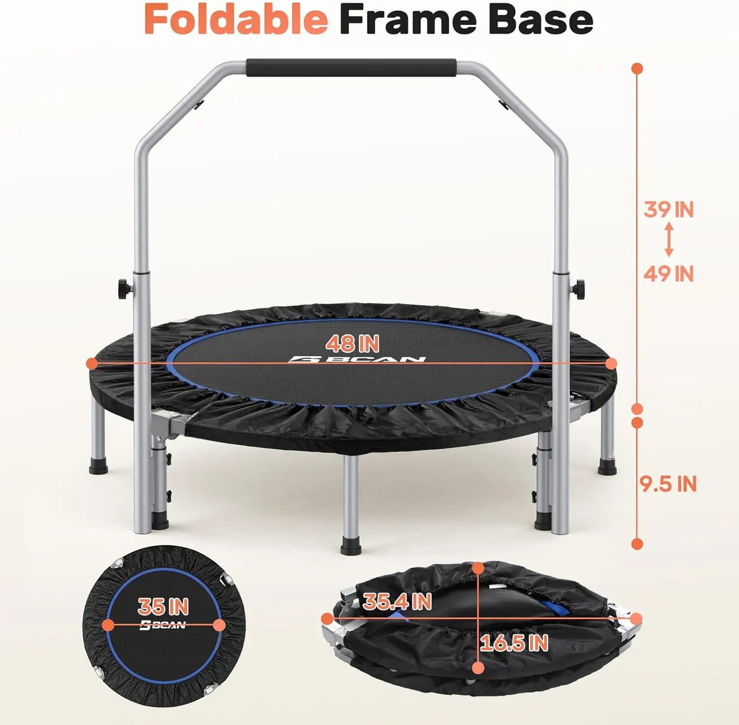 Foldable Mini Trampoline With Adjustable Foam Handle, 440 Lb Capacity