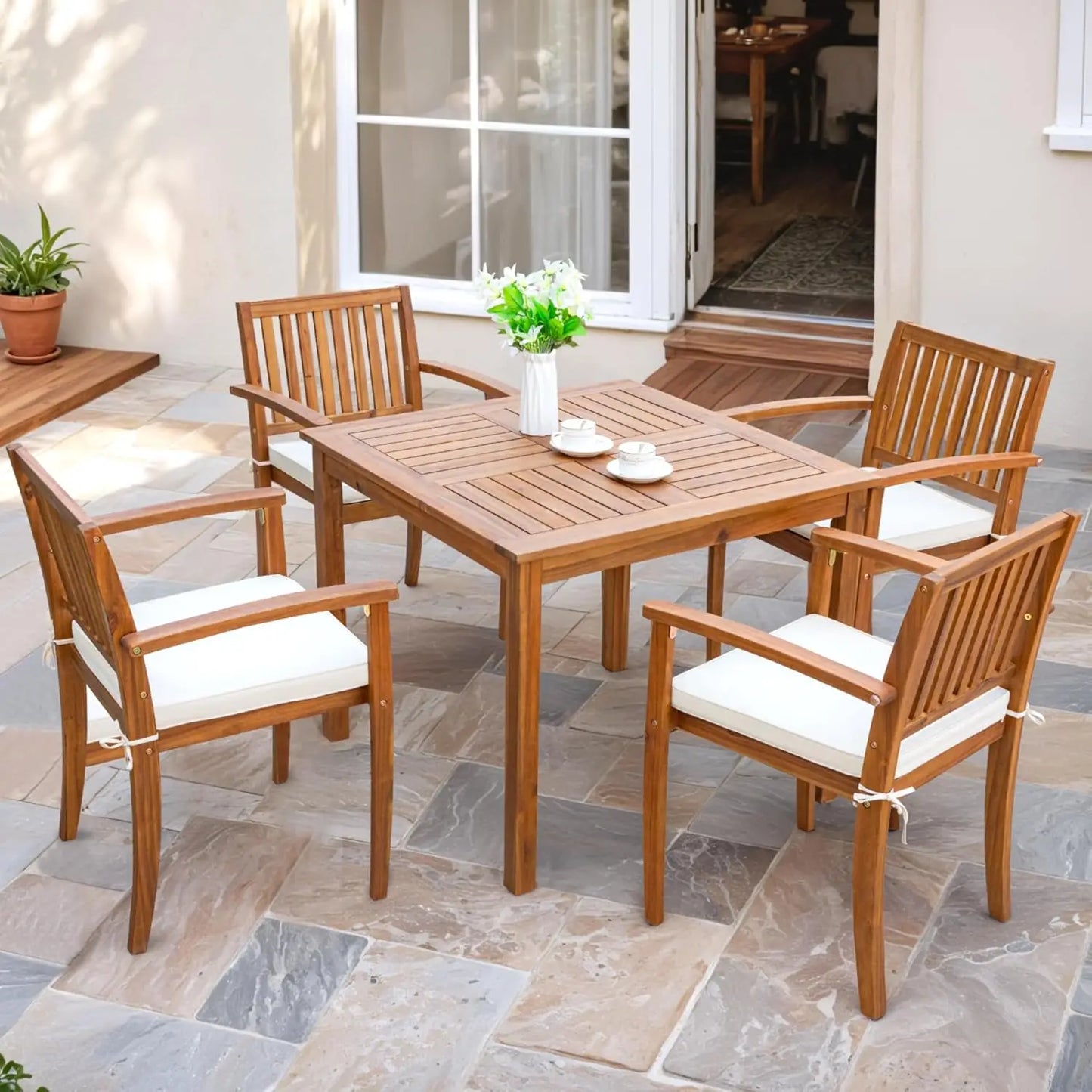 5 Piece Outdoor Dining Set Acacia Wood Patio Table And Chairs