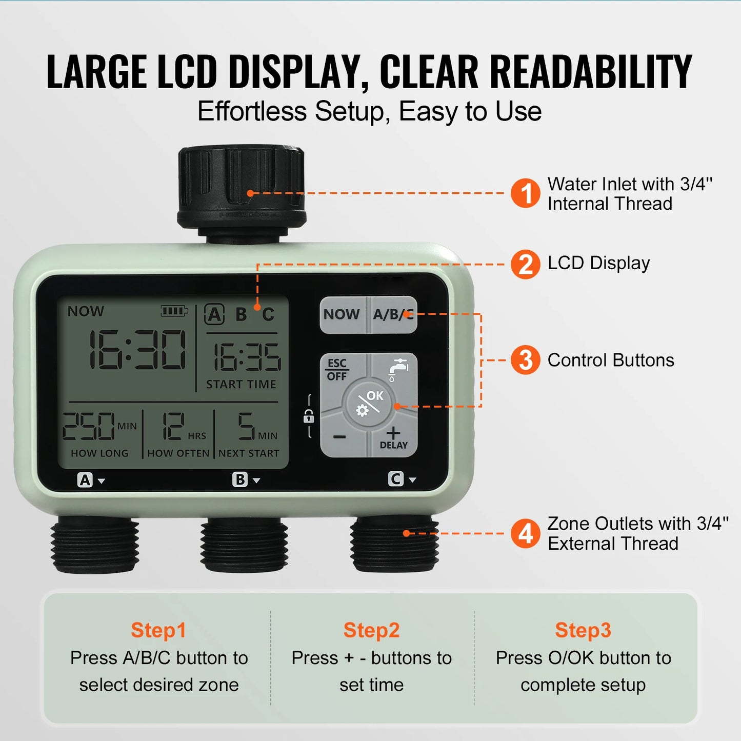 SucceBuy 3-Outlet Water Timer With LCD Display And Rain Delay