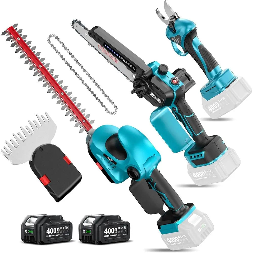 4-in-1 Electric Garden Tool Cordless Chainsaw Hedge Trimmer Pruner Dual 4000mAh