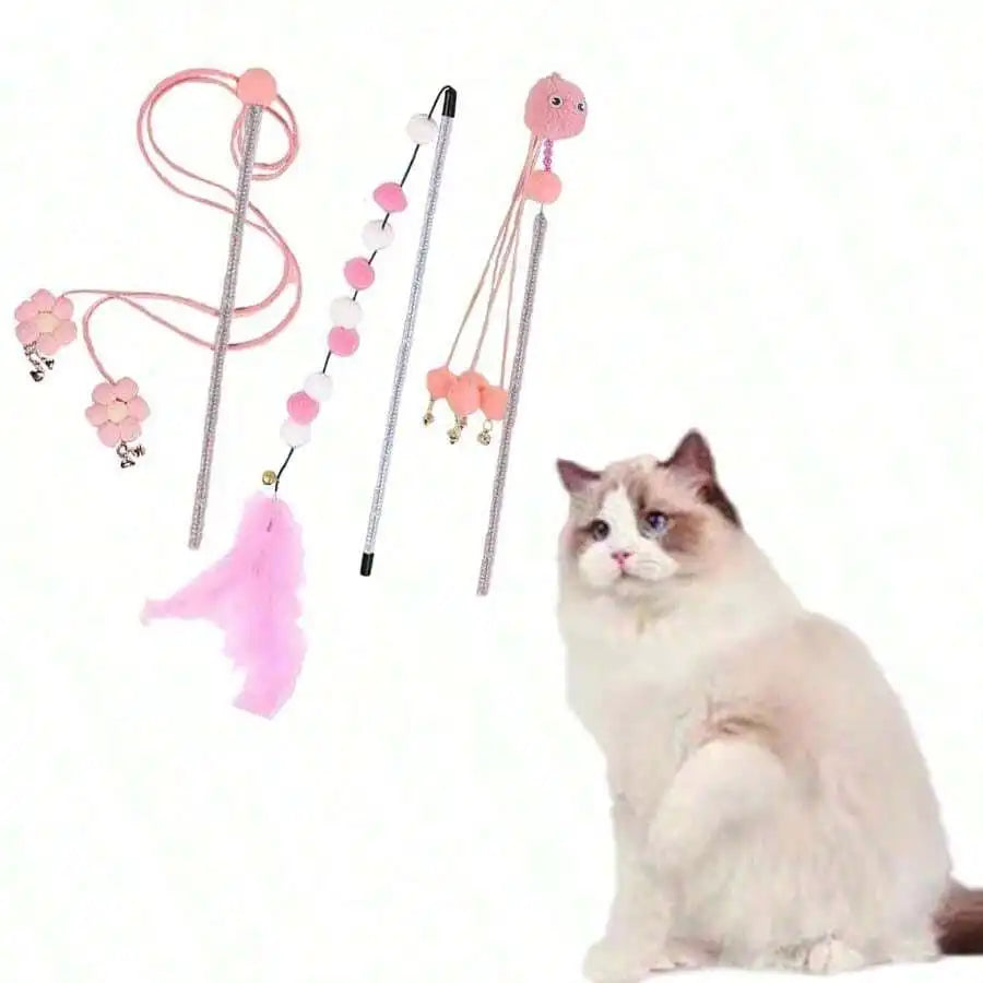 Cat Teaser Wand Toy Set With Flower Tassels and Feather