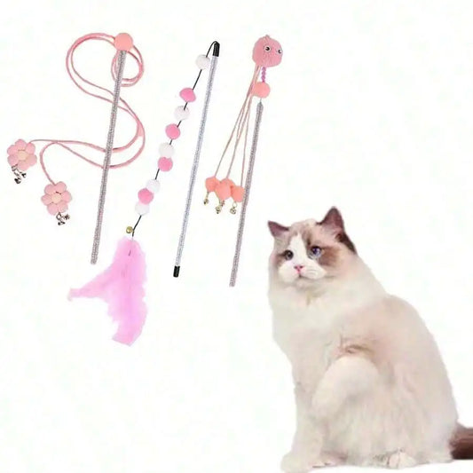 Cat Teaser Wand Toy Set With Flower Tassels and Feather