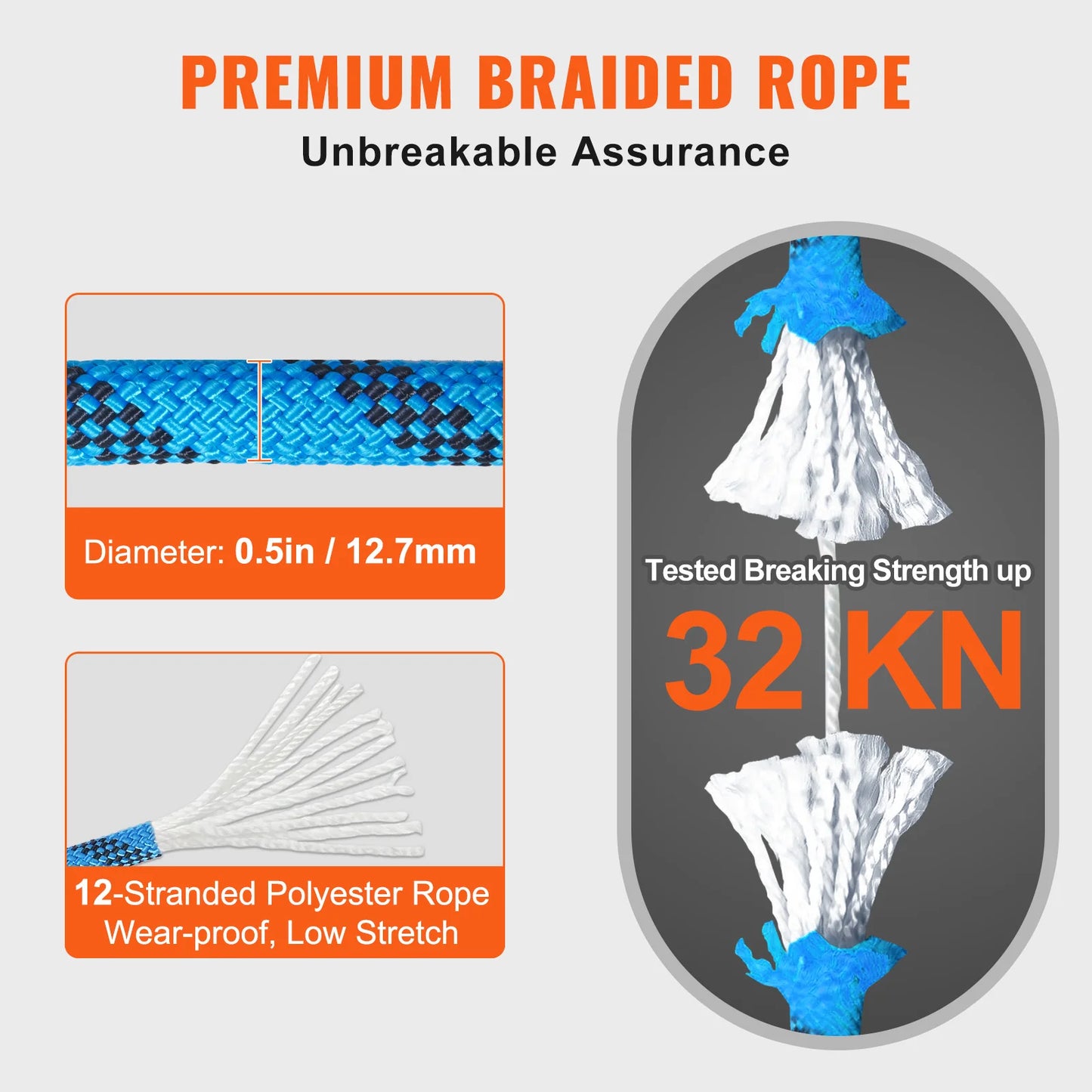 VEVOR Static Climbing Rope With Steel Snap Hooks
