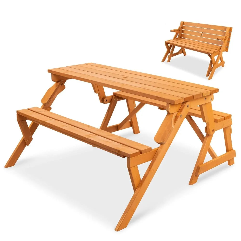 2-In-1 Transforming Outdoor Wooden Picnic Table Bench