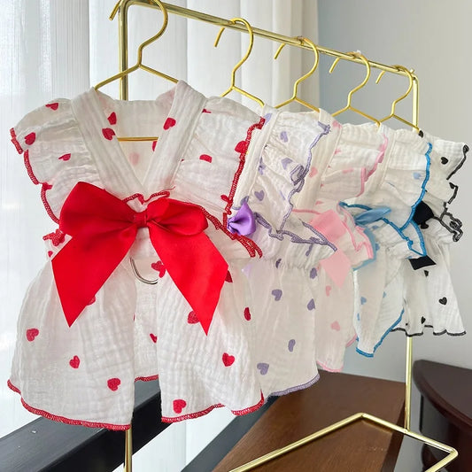 Dog Cooling Dress Summer Bow Heart Print Clothes For Dogs