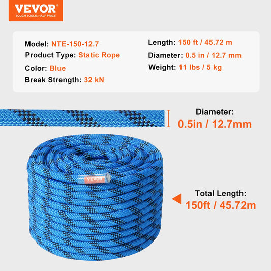 VEVOR Static Climbing Rope With Steel Snap Hooks