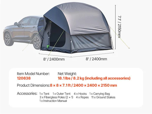 SucceBuy SUV Tent For Camping Waterproof PU2000mm Shade Awning And Mesh Windows