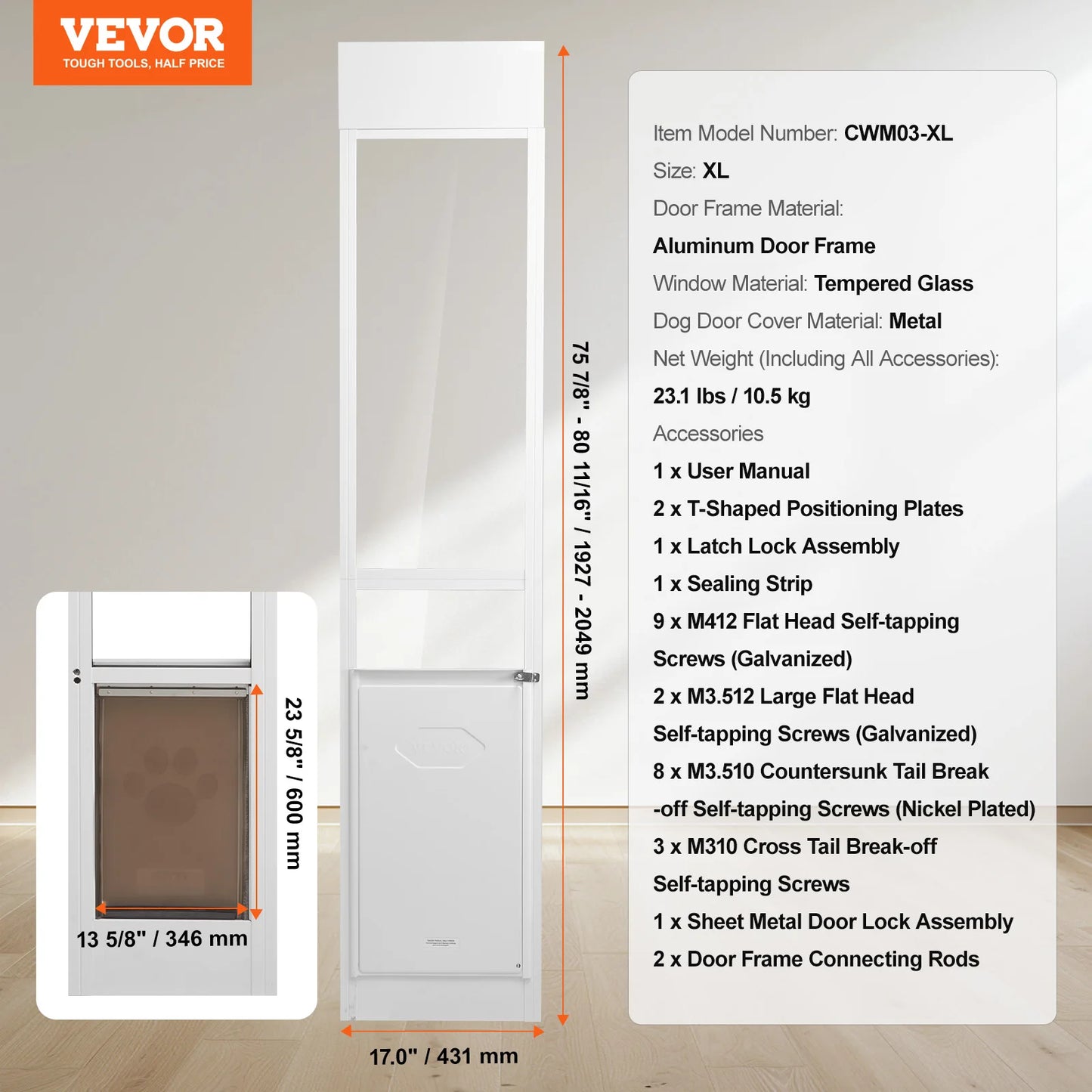 Sliding Glass Dog Door With Adjustable Height Tempered Glass Aluminum Frame