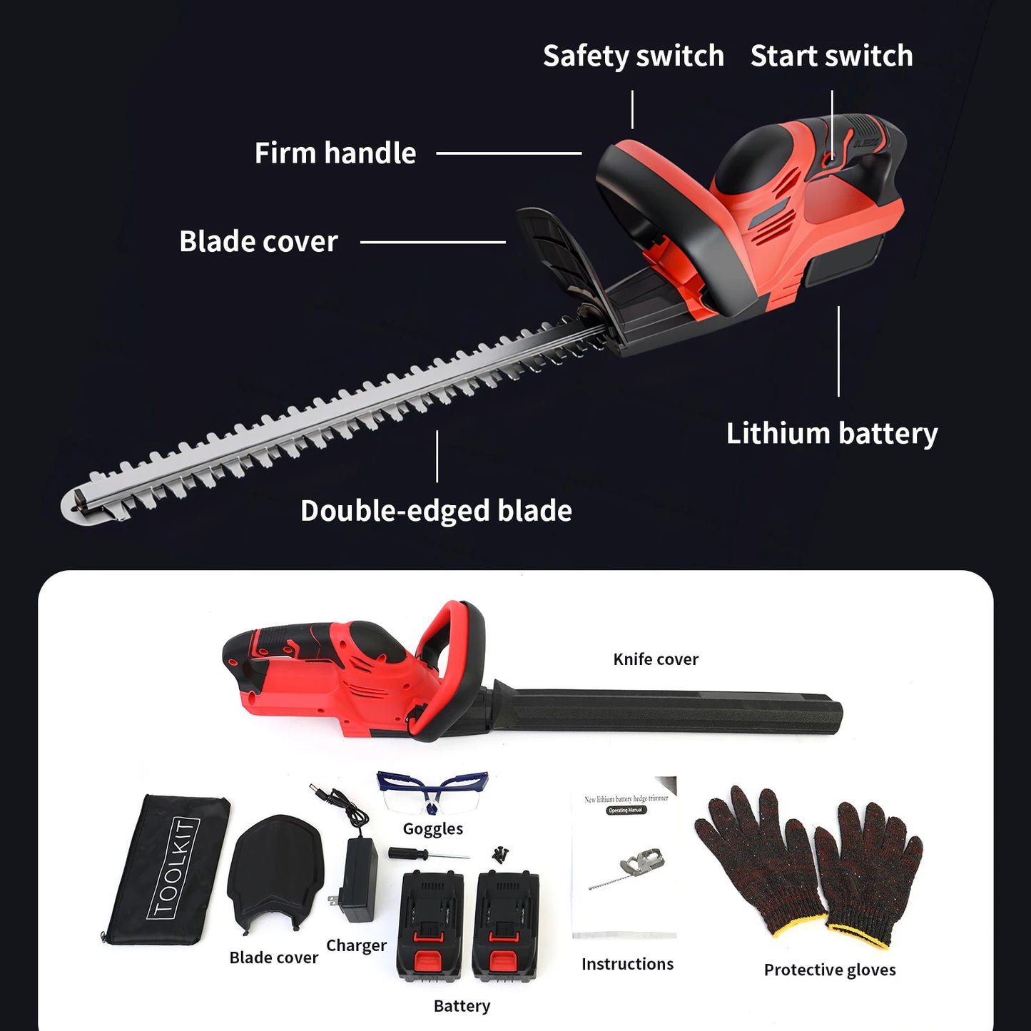 Cordless Hedge Trimmer With 21V Battery And Charger
