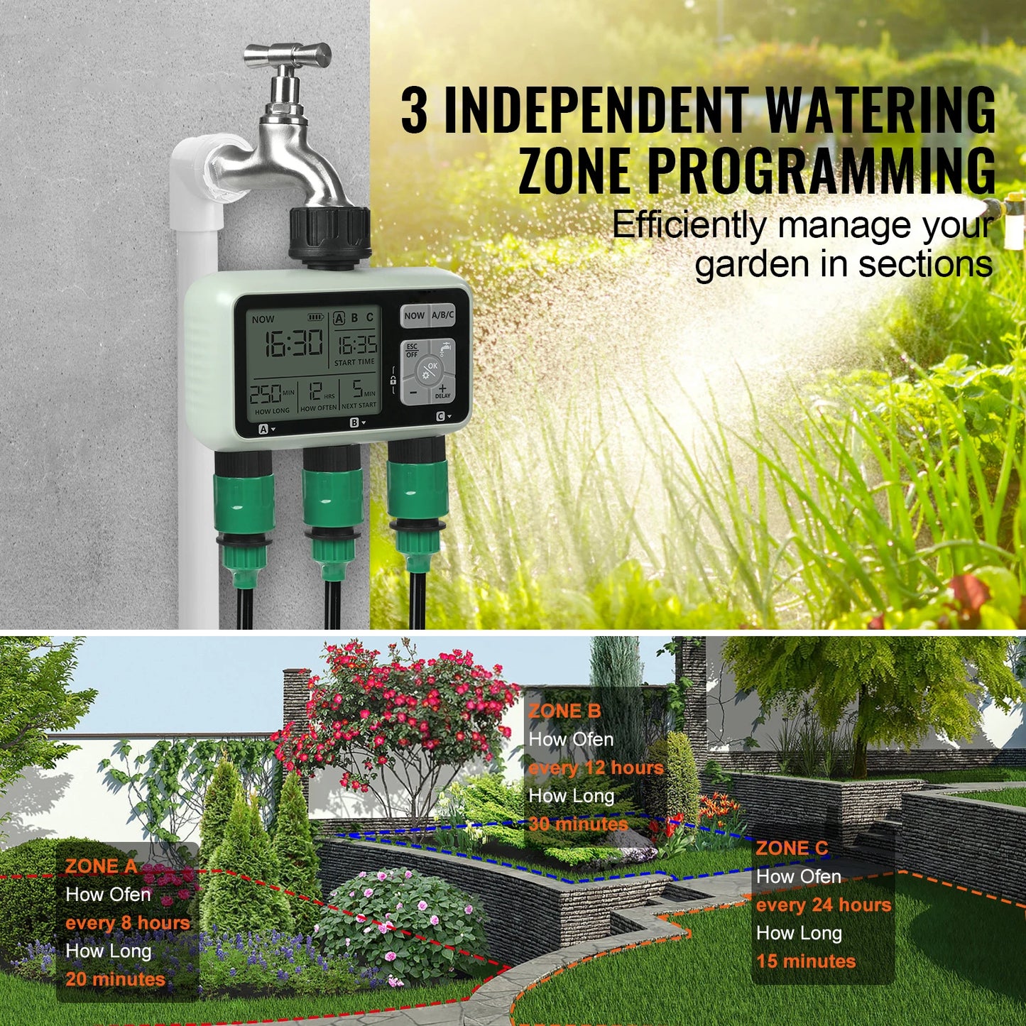 SucceBuy 3-Outlet Water Timer With LCD Display And Rain Delay