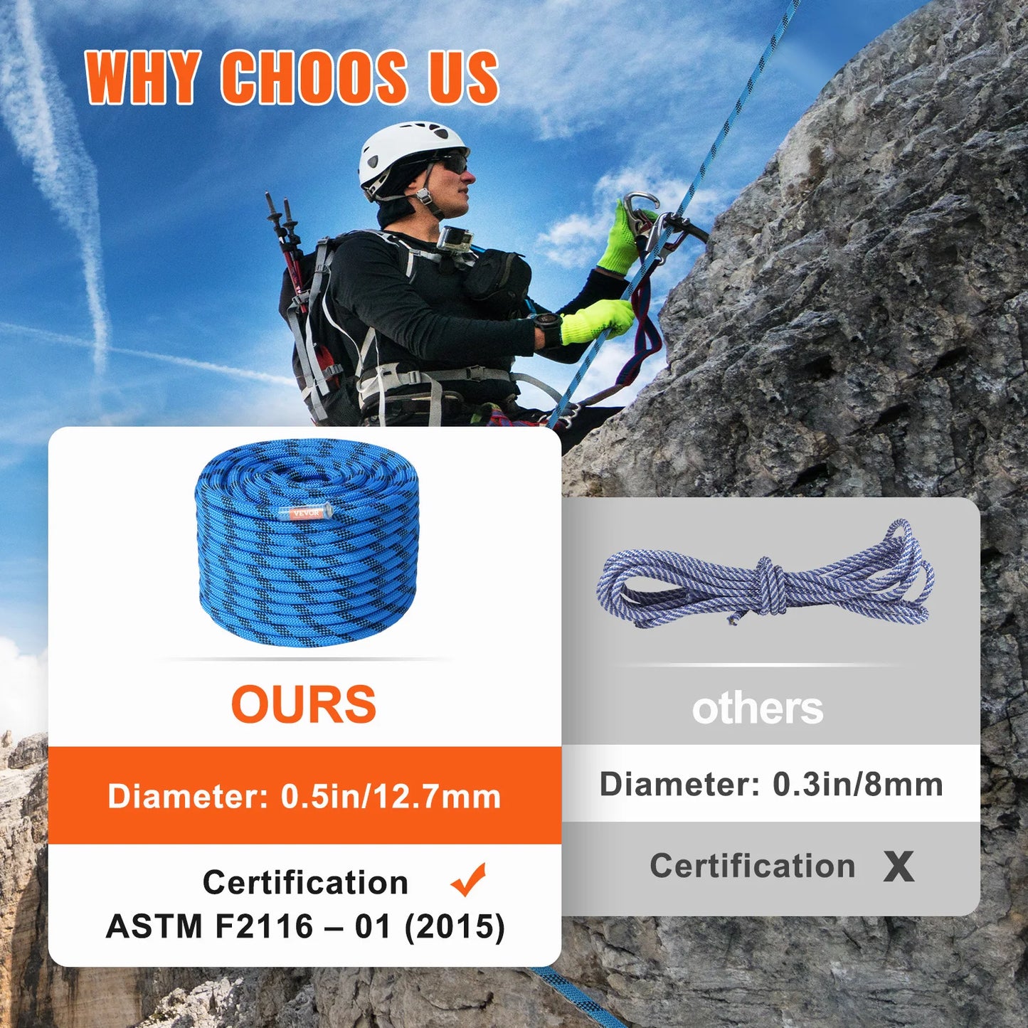 VEVOR Static Climbing Rope With Steel Snap Hooks