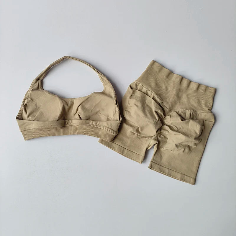 NONECN Seamless Yoga Sports Bra and Shorts Set for Women
