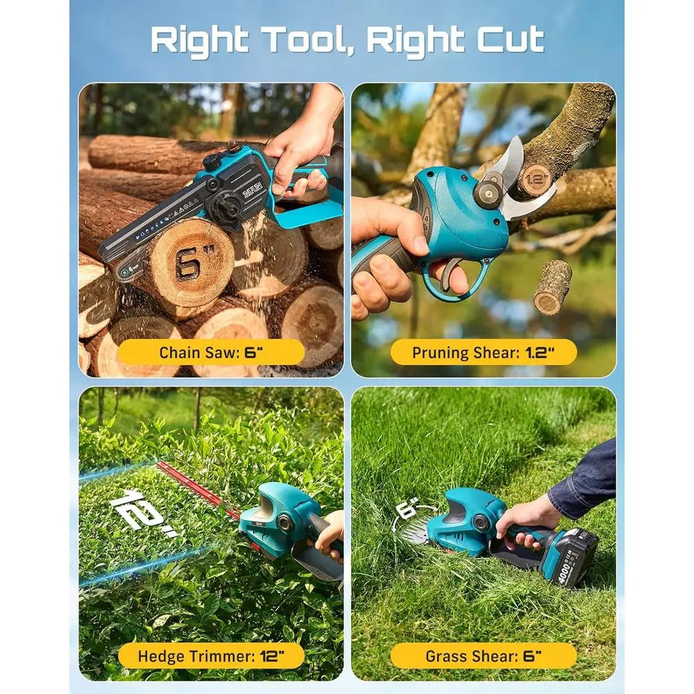 4-in-1 Electric Garden Tool Cordless Chainsaw Hedge Trimmer Pruner Dual 4000mAh