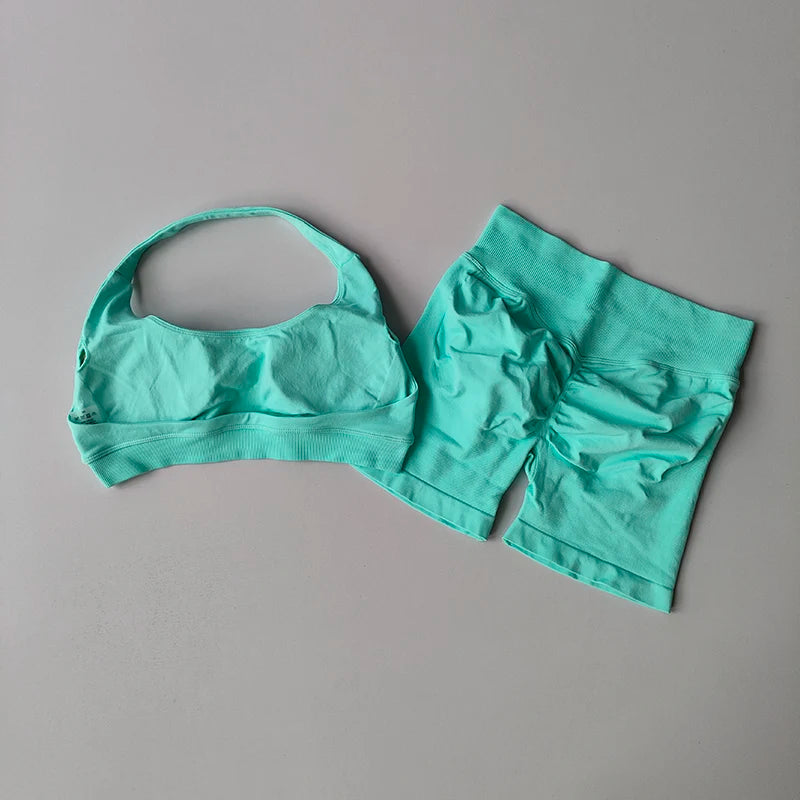 NONECN Seamless Yoga Sports Bra and Shorts Set for Women