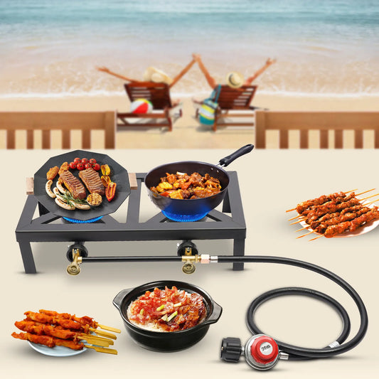 Dual Burner Cast Iron Gas Camping Stove Portable Outdoor Cooking