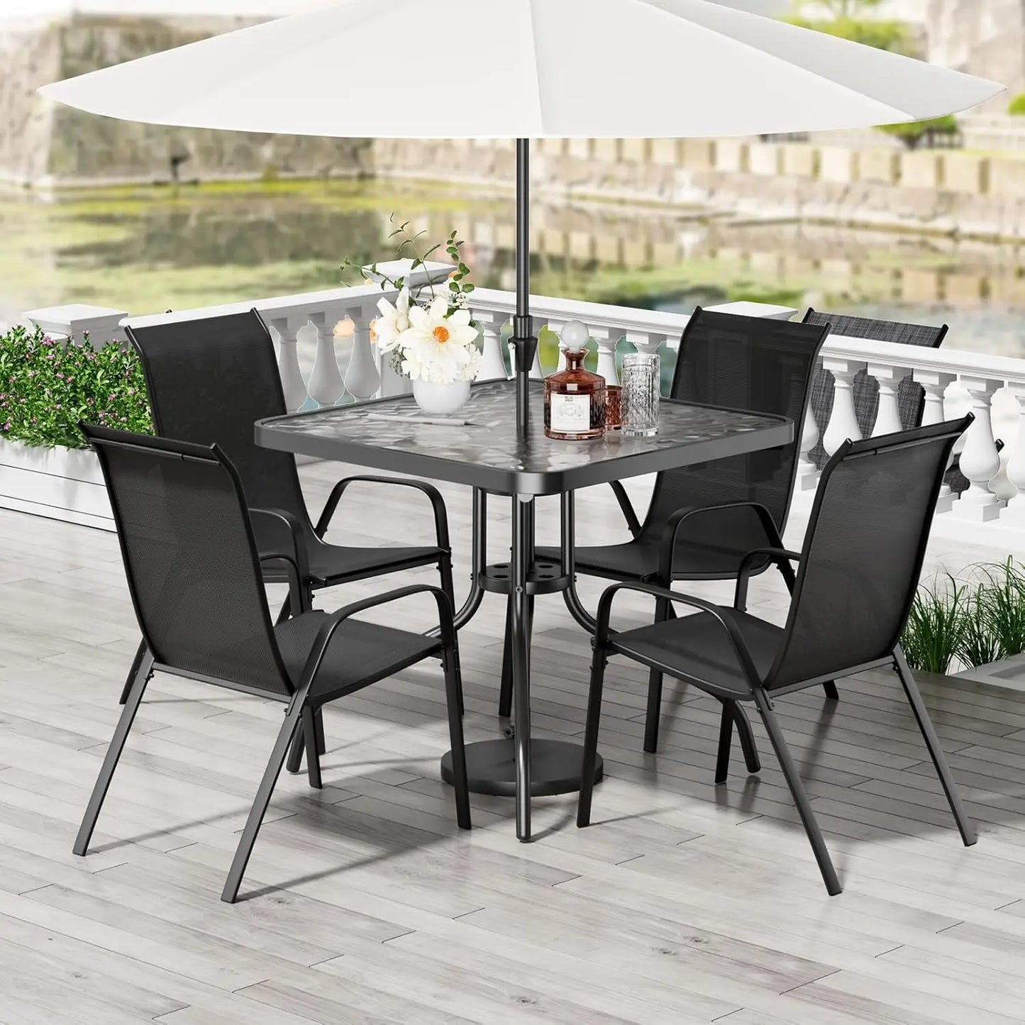 Patio Dining Set 5 Pieces With Table And Textilene Chairs