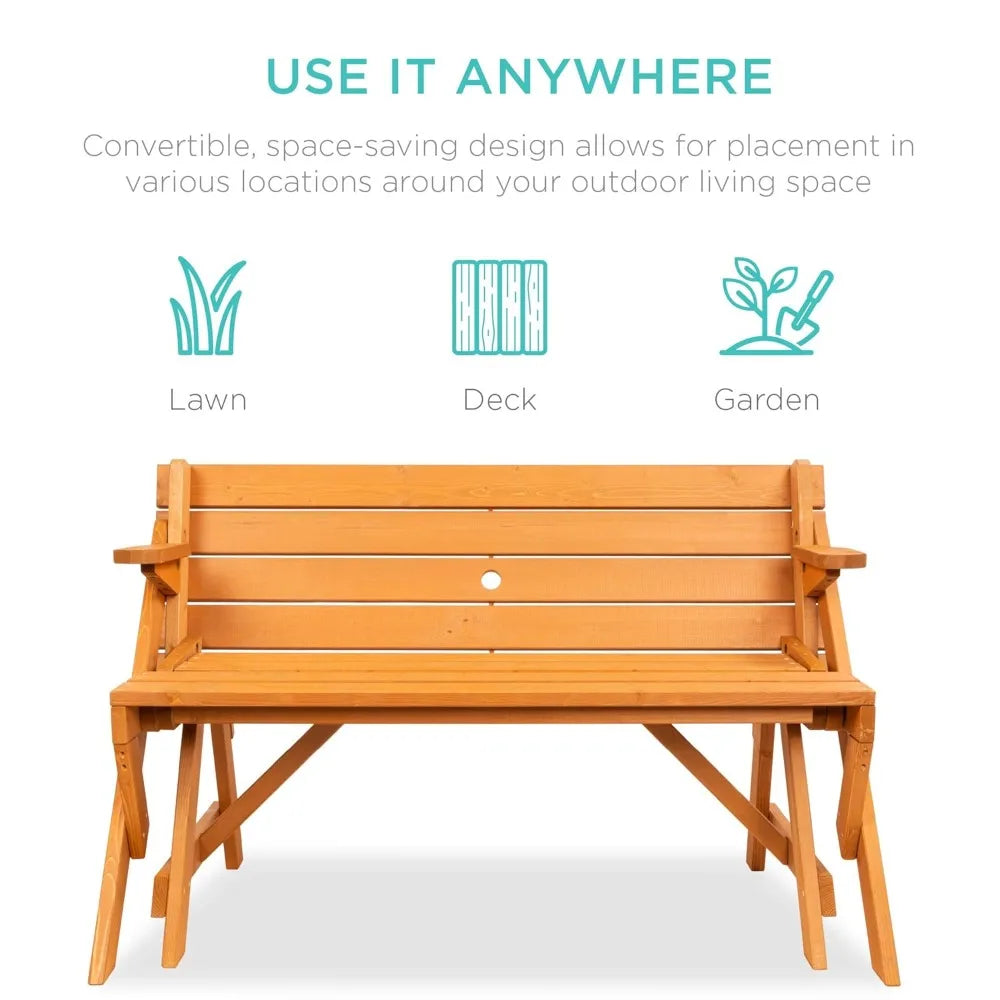 2-In-1 Transforming Outdoor Wooden Picnic Table Bench