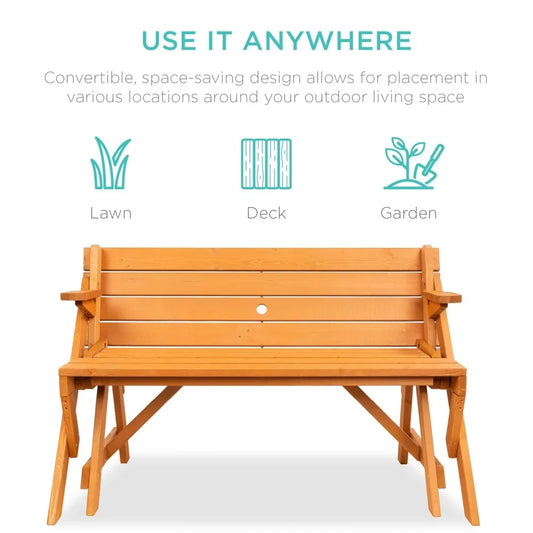 2-In-1 Transforming Outdoor Wooden Picnic Table Bench