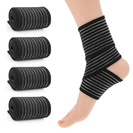 Black Elastic Ankle Compression Bandage 4PCS Adjustable Breathable Arch Support Wraps for Ligament Stabilisation during Sports
