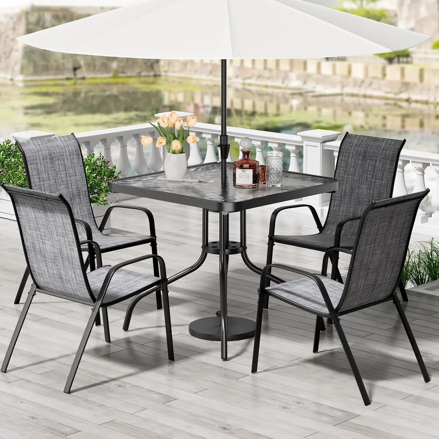 Patio Dining Set 5 Pieces With Table And Textilene Chairs