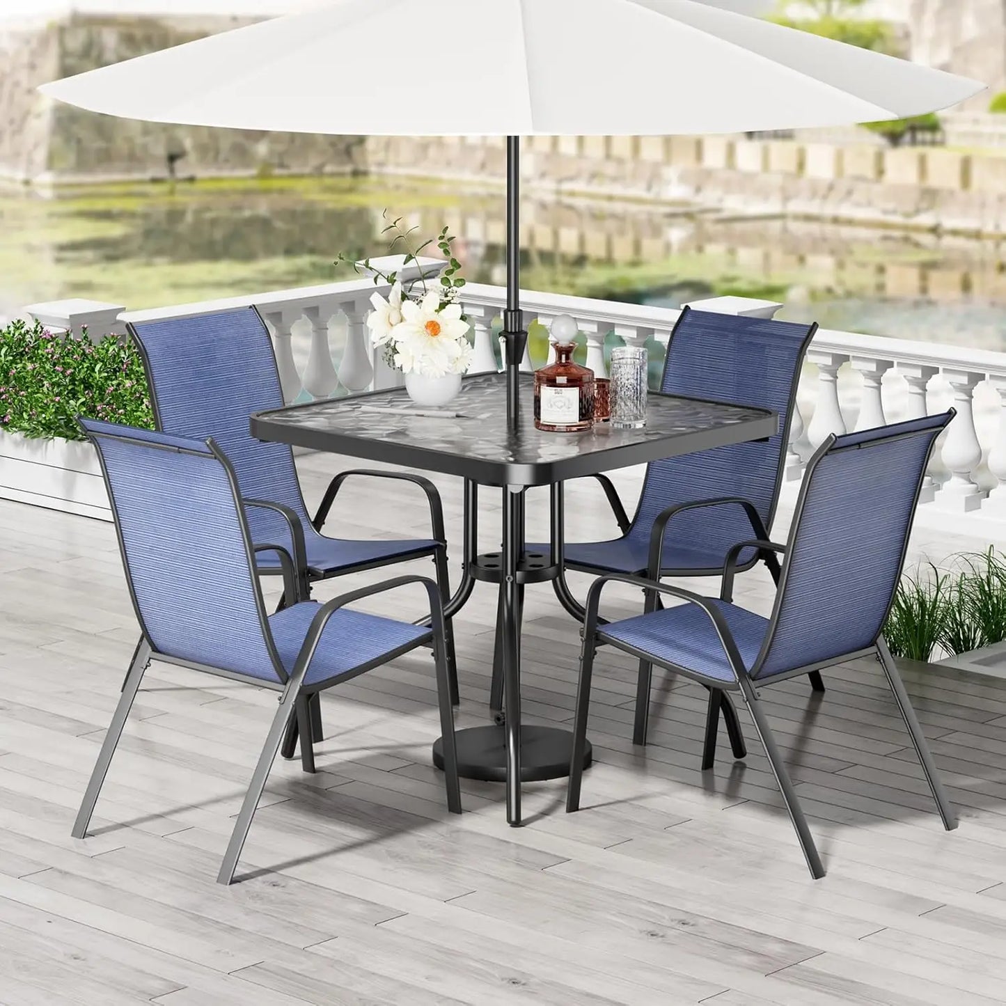 Patio Dining Set 5 Pieces With Table And Textilene Chairs