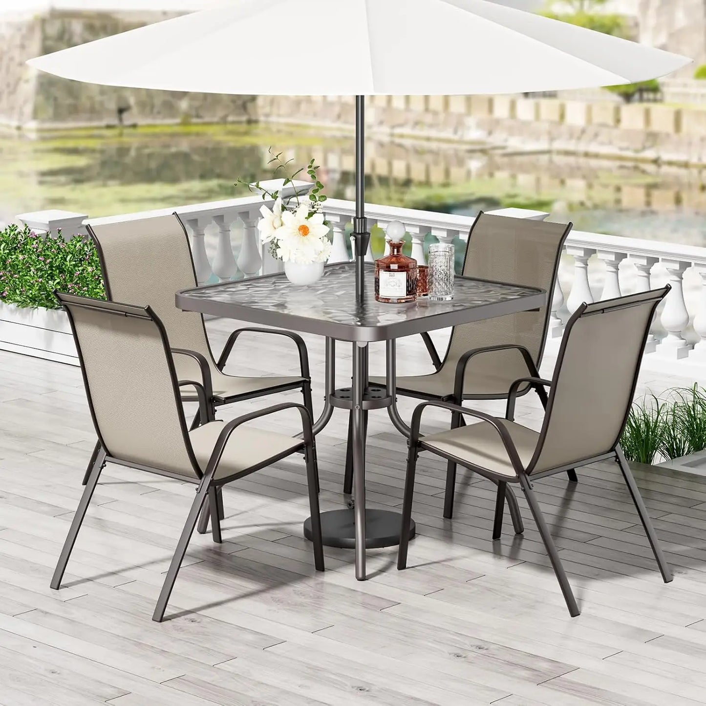 Patio Dining Set 5 Pieces With Table And Textilene Chairs