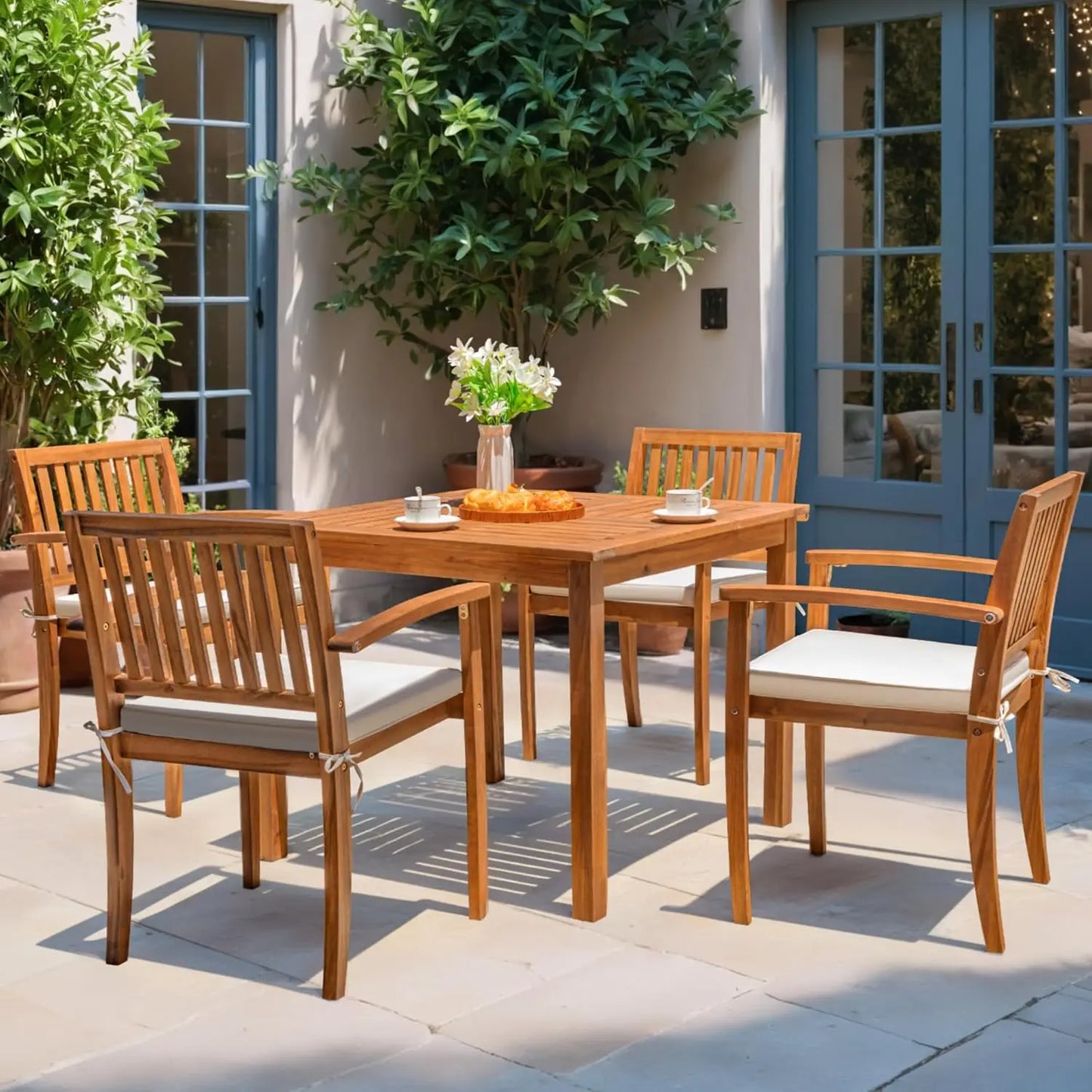 5 Piece Outdoor Dining Set Acacia Wood Patio Table And Chairs