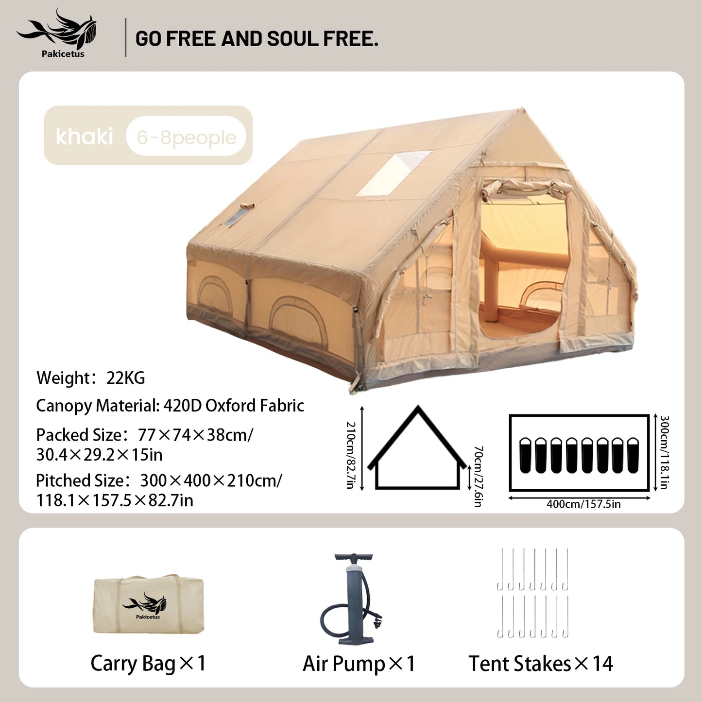 Pakicetus Large Inflatable Camping Tent With Skylight And Breathable Mesh
