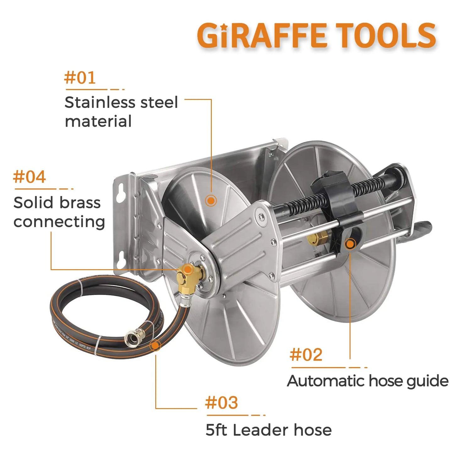Giraffe Tools Stainless Steel Garden Hose Reel Wall Mounted