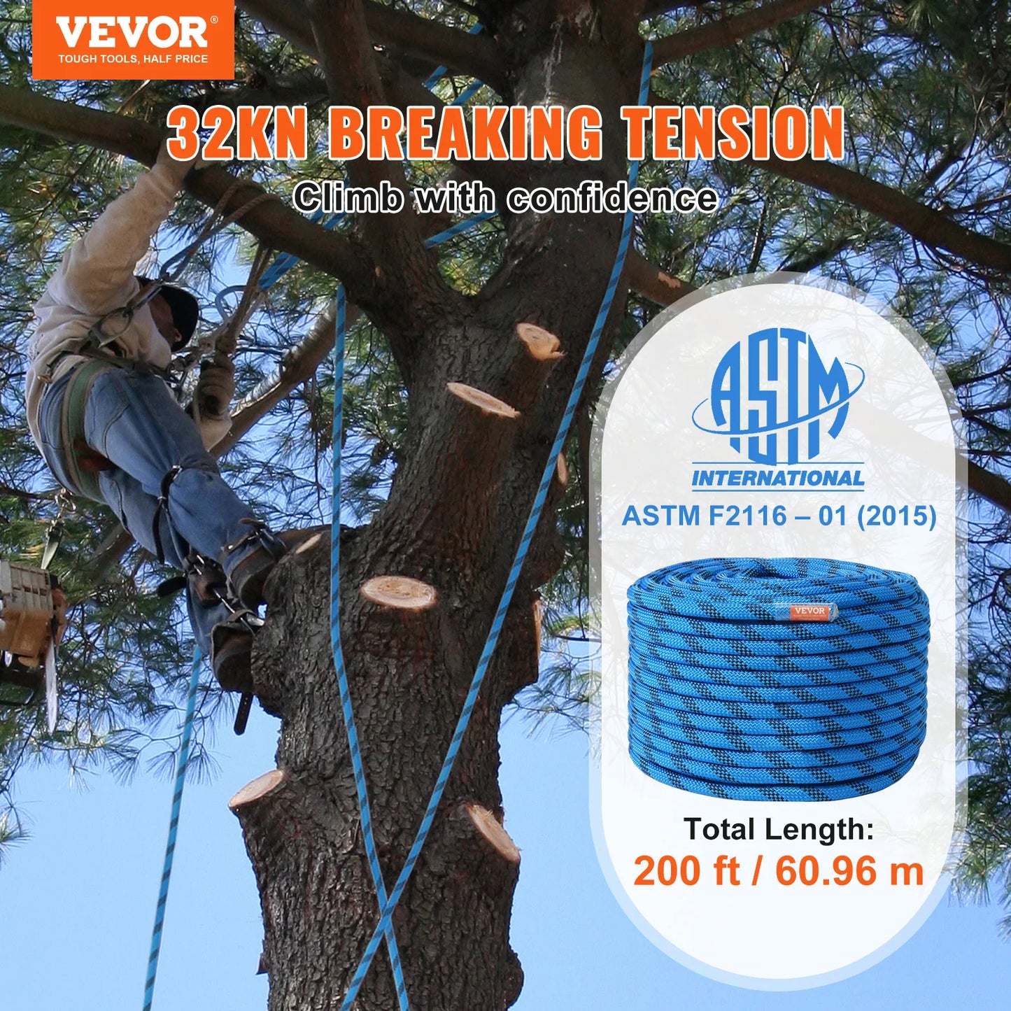 VEVOR Static Climbing Rope With Steel Snap Hooks