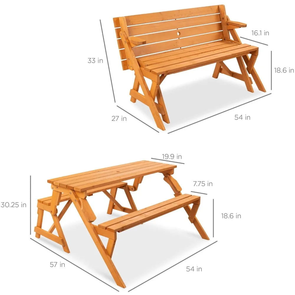 2-In-1 Transforming Outdoor Wooden Picnic Table Bench