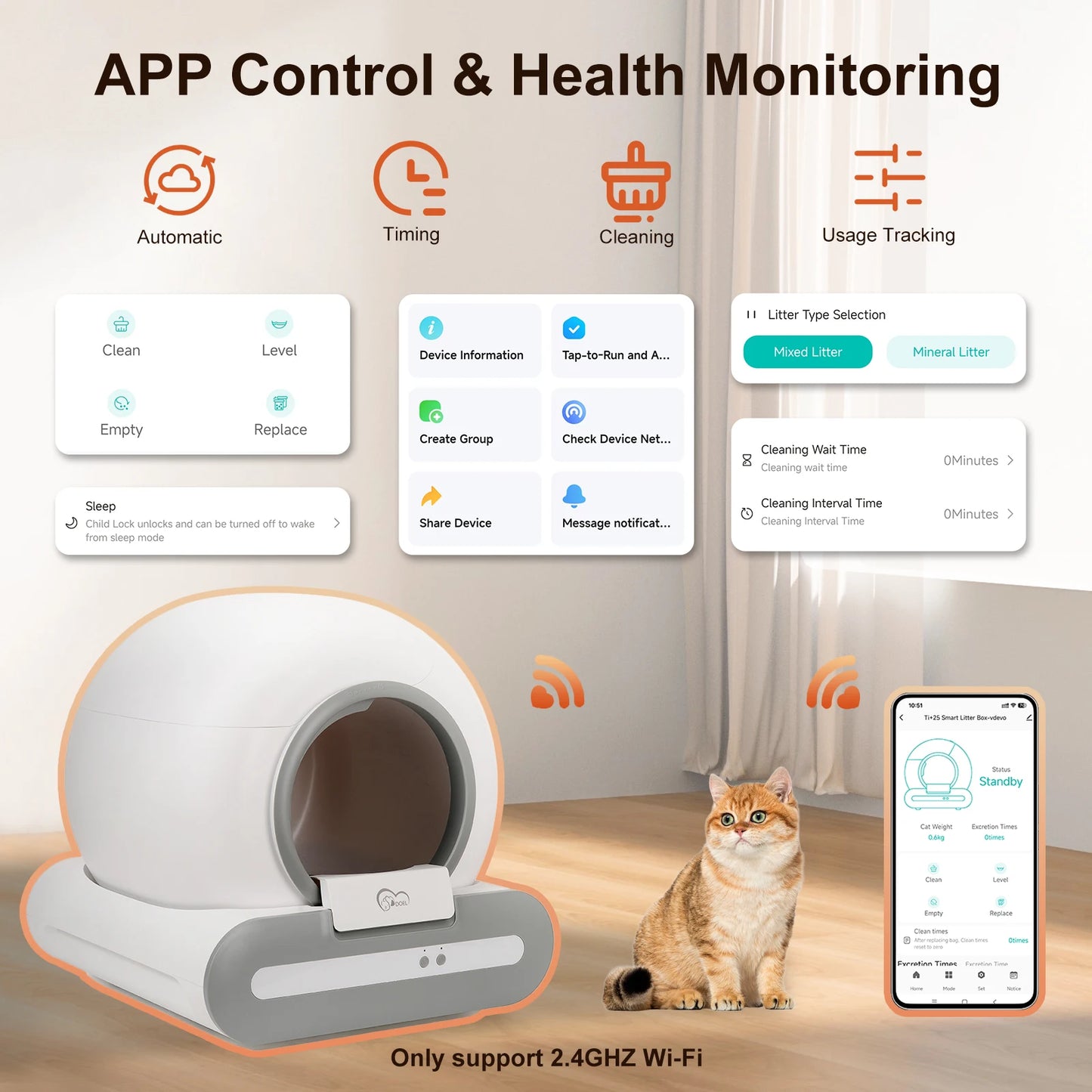 DOEL Self Cleaning Cat Litter Box 2.4G WiFi Control