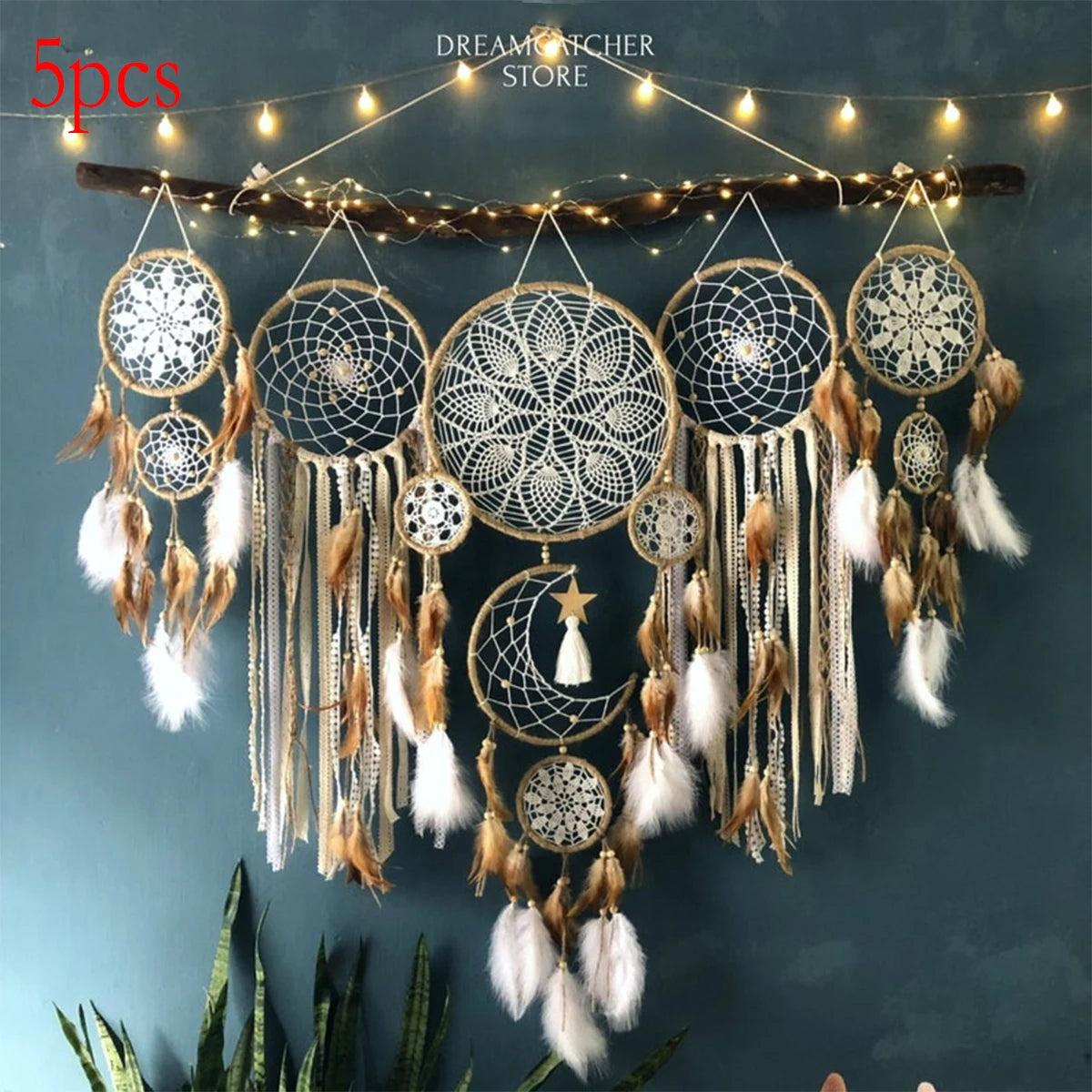 Dream Catcher 5-Piece Moon Dream Chaser Bohemian Wall Decor