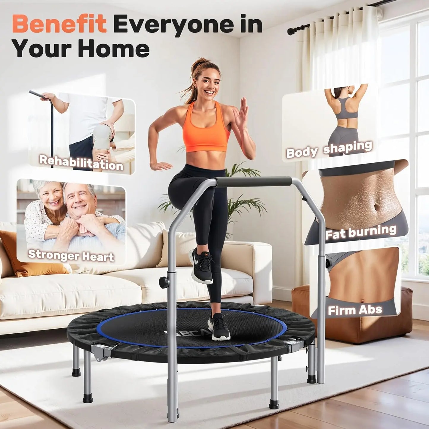 Foldable Mini Trampoline With Adjustable Foam Handle, 440 Lb Capacity